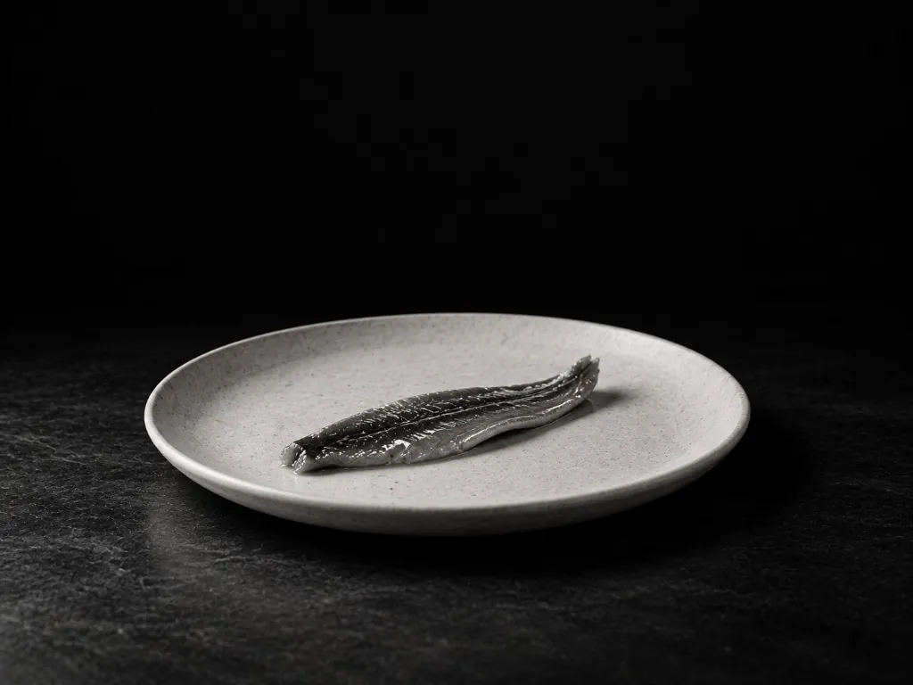 Ein Anchoa-Filet auf einem hellen Teller vor schwarzem Grund.