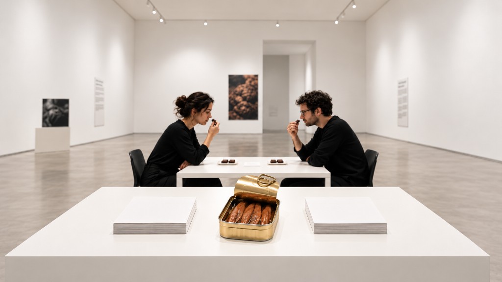 Geöffnete Anchovis-Dose im Vordergrund auf einem weißen Tisch, links und rechts je ein Stapel leerer Karten. Im Hintergrund sitzen zwei Personen an einem zweiten Tisch in einem hellen Raum und führen etwas zum Mund.
