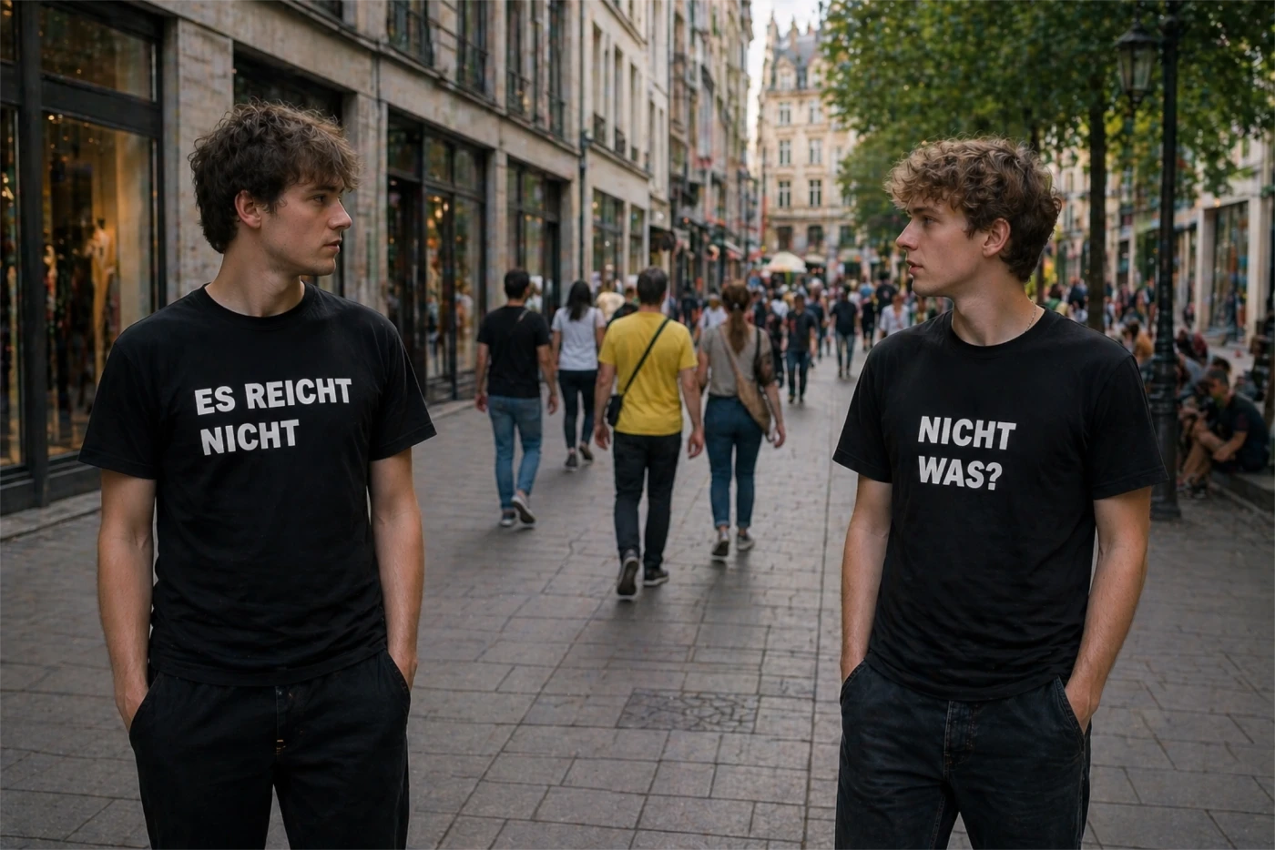 RE/WEAR – zwei Personen mit den Textilien ES REICHT NICHT. und NICHT WAS? im öffentlichen Raum, Berlin