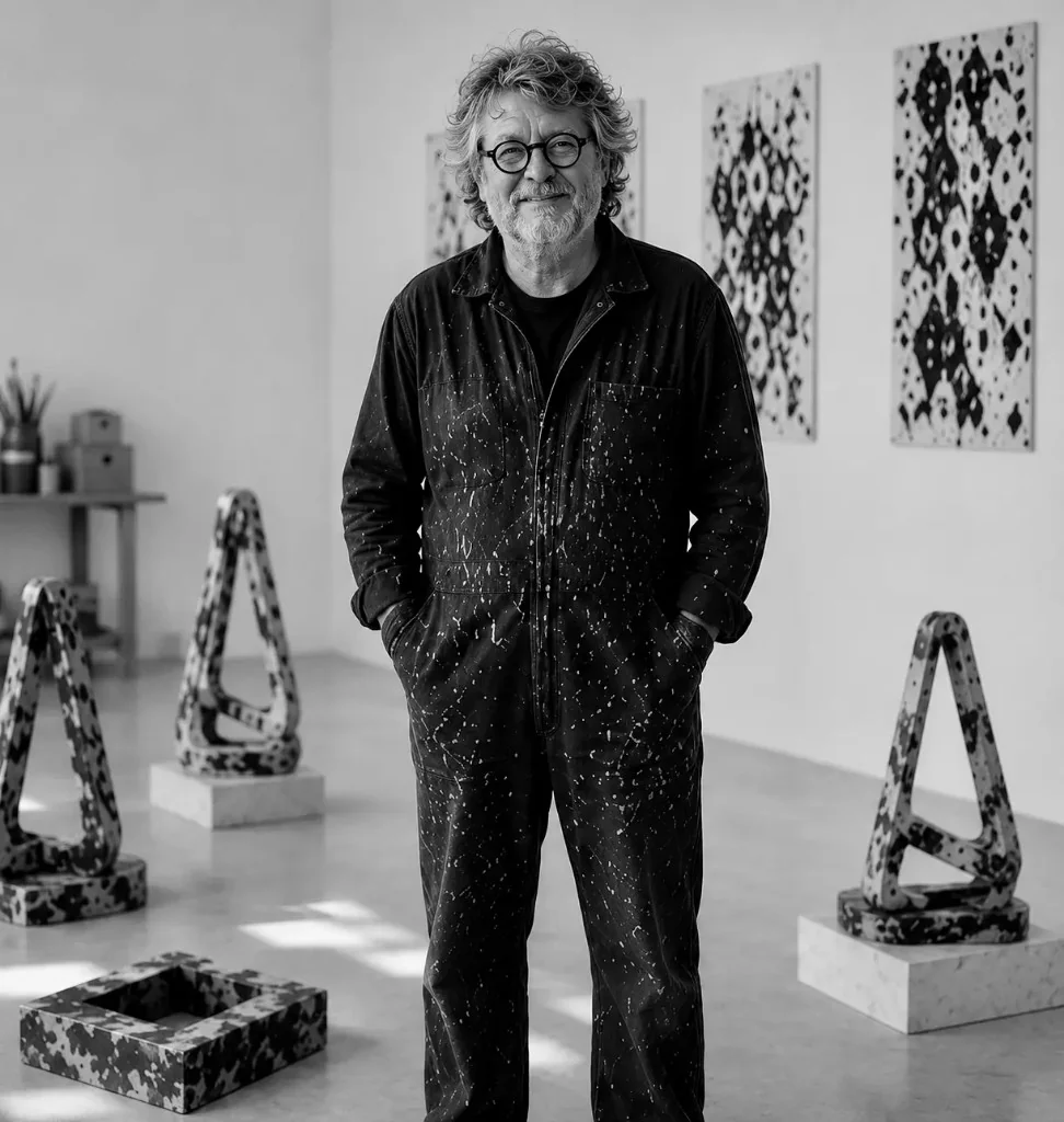 Steffen Rolla im Atelier zwischen Skulpturen und geometrischen Arbeiten